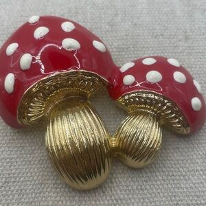Mushroom Brooch Pin - Large and Small Red & Gold Enamel Bale attached as well